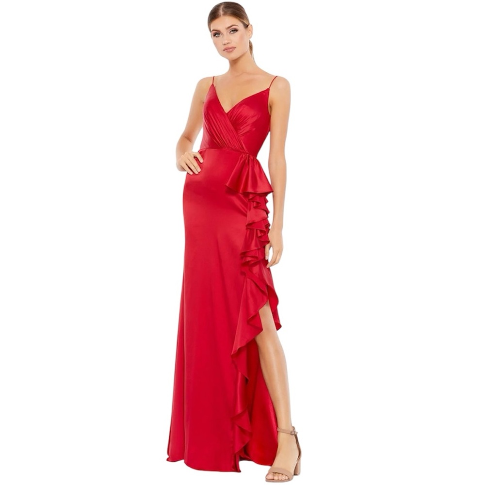 MAC DUGGAL Red Plunging V Neck Ruffled Dress NEW Size 4